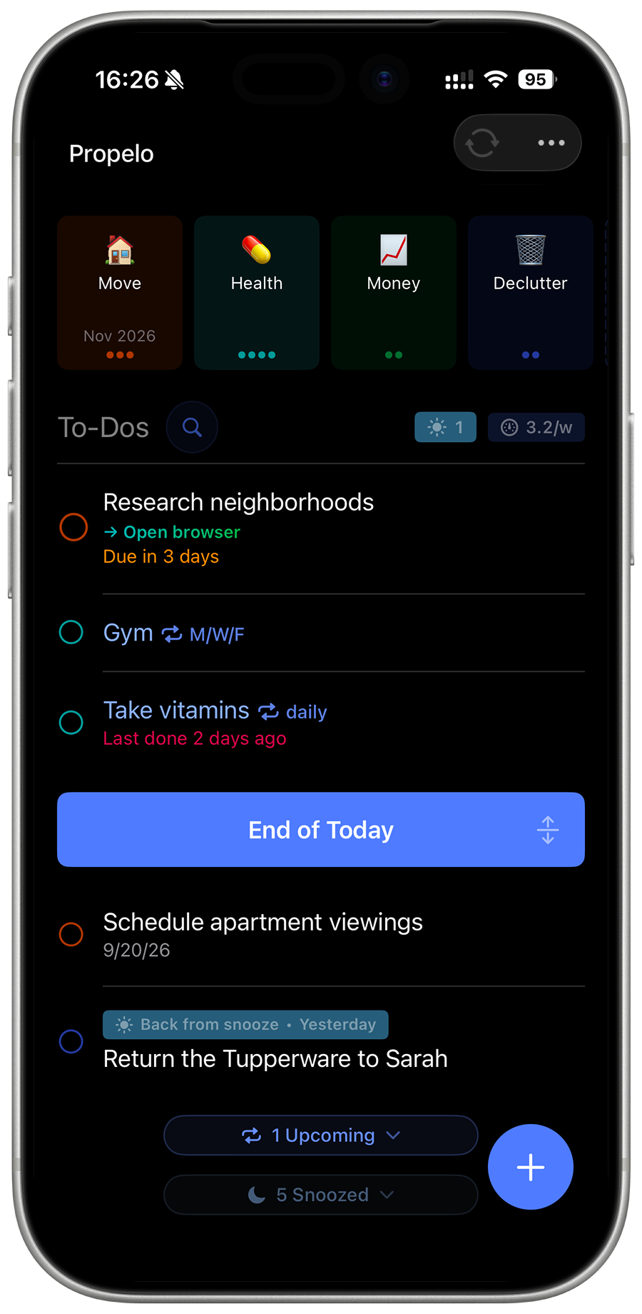 Propelo’s task list in dark mode, showing goals, today’s to-dos, and snoozed tasks