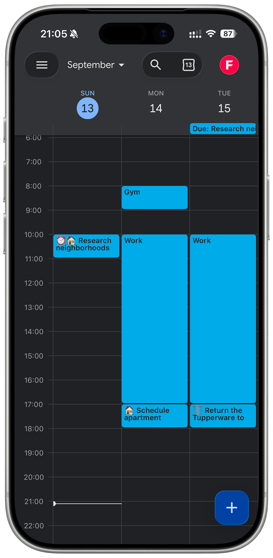 Google Calendar showing Propelo tasks and due dates alongside Gym and Work events