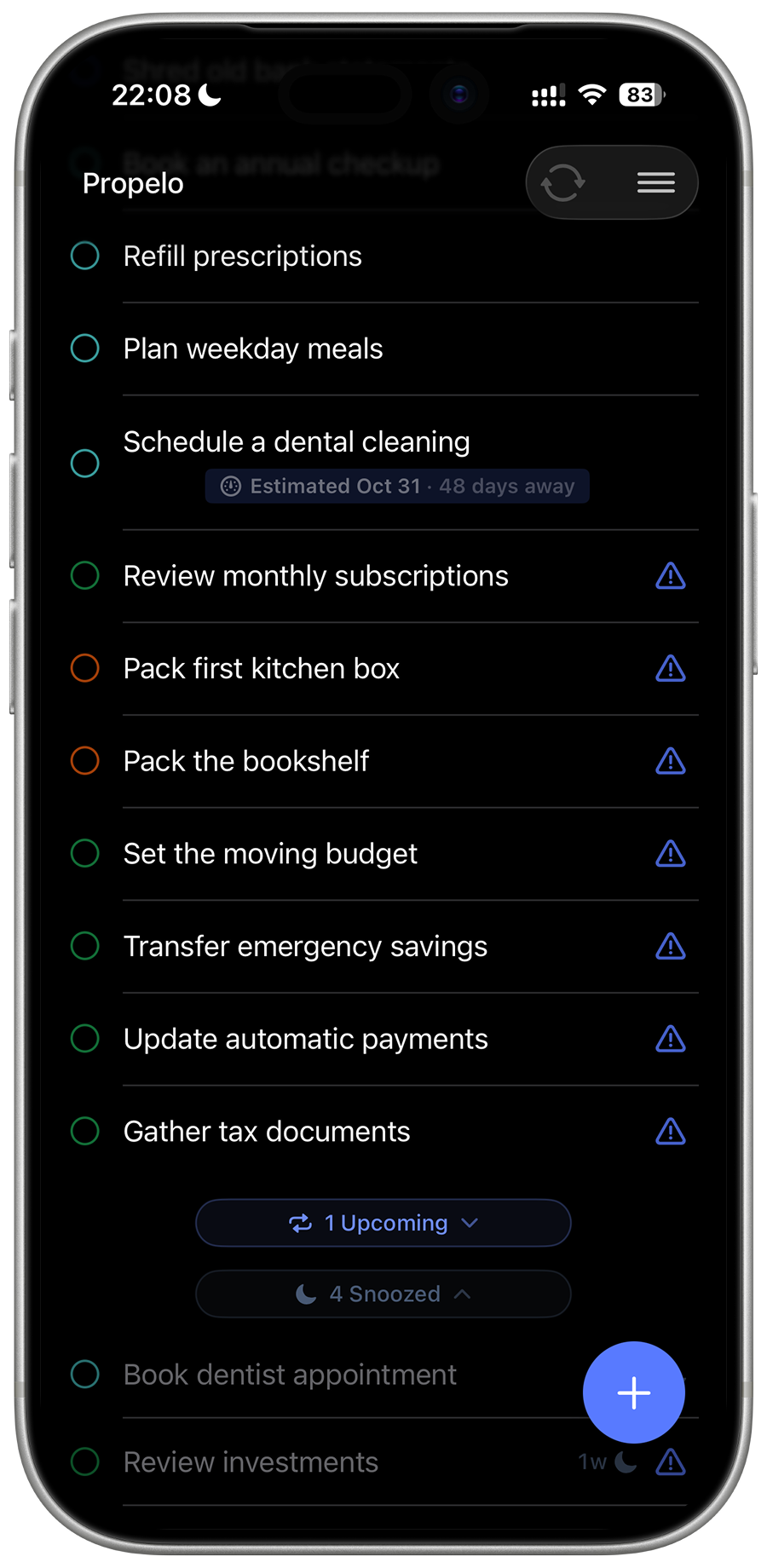 Propelo’s task list with a completion estimate showing when a task is likely to be reached